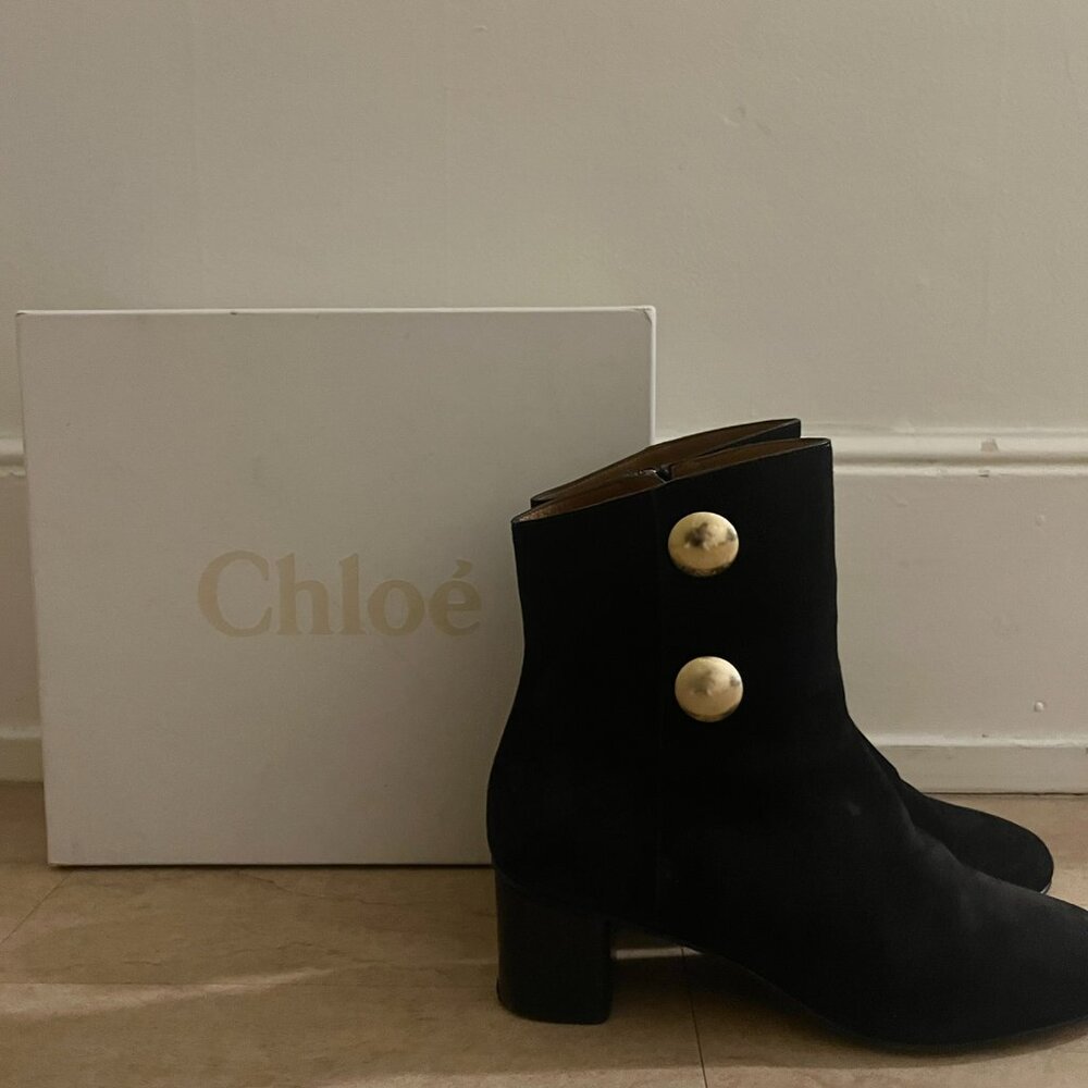 Chloé Black Suede Heeled Ankle Boots with Gold Buttons